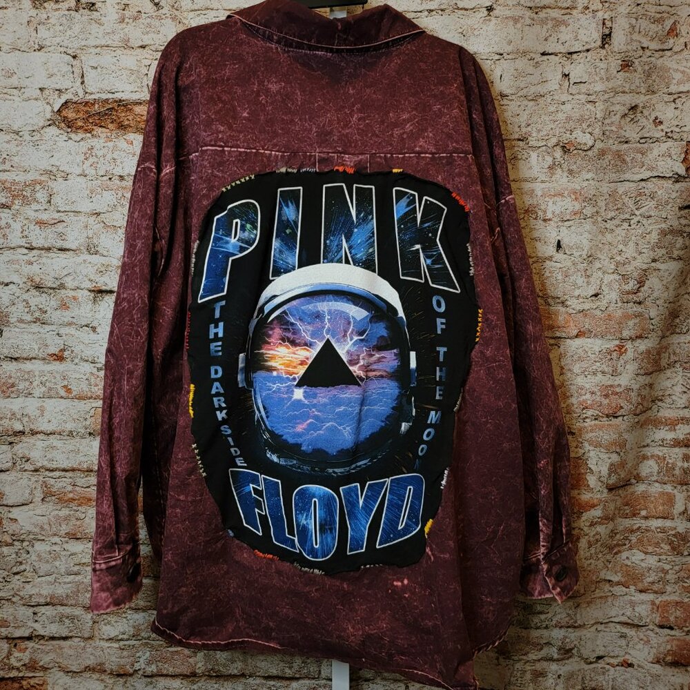 Upcycled Pink Floyd Band Tee Mineral Washed Shirt Jacket, size 2X